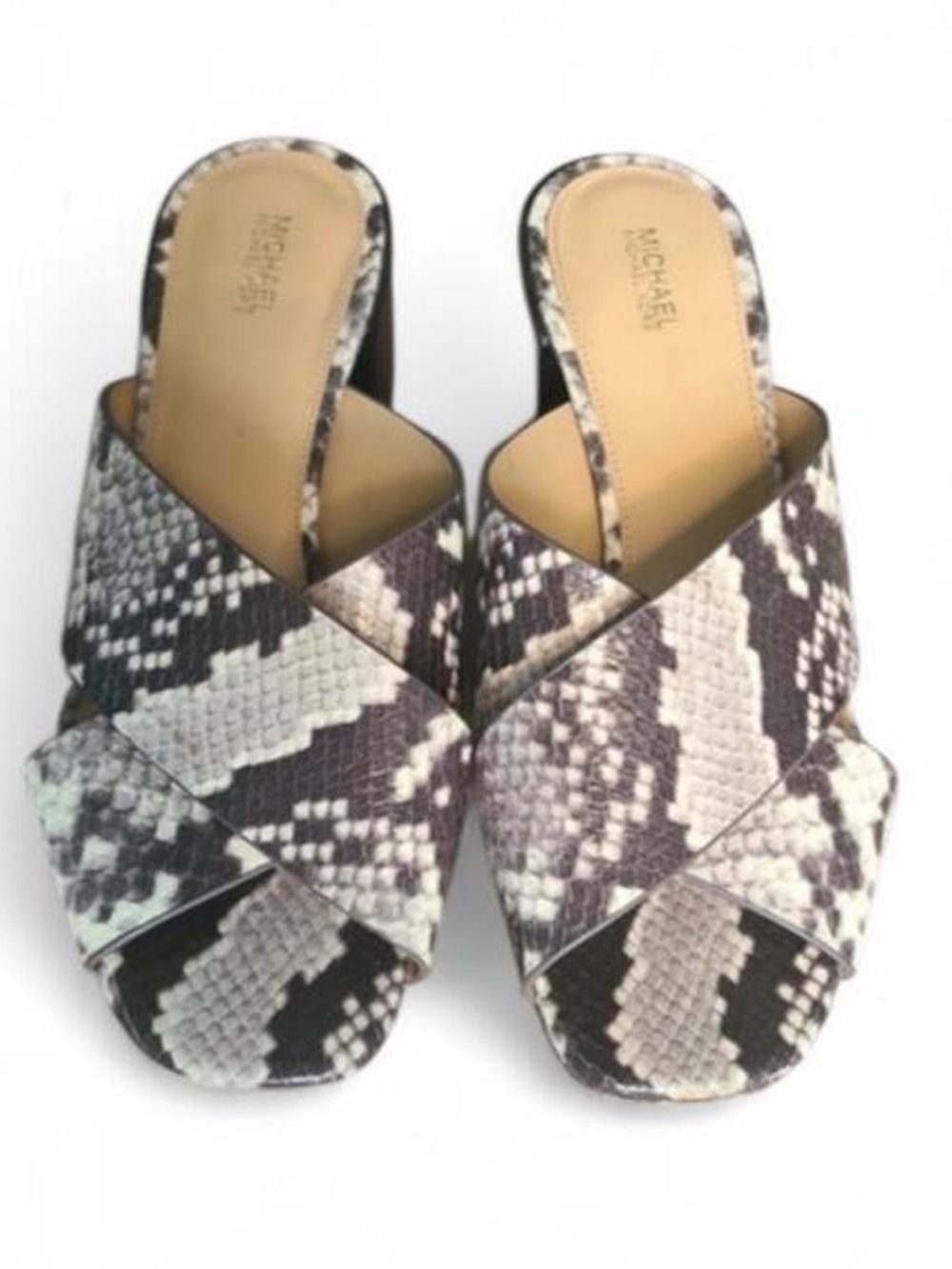 MICHAEL Michael Kors Abbott mules, distinctive gray/black snake-embossed, 8.5